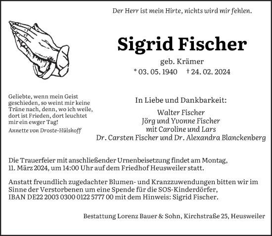 Todesanzeige von Sigrid Fischer von saarbruecker_zeitung