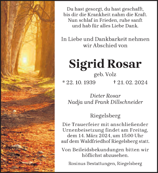 Todesanzeige von Sigrid Rosar von saarbruecker_zeitung