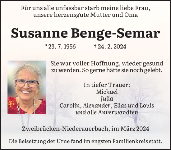 Todesanzeige von Susanne Benge-Semar von saarbruecker_zeitung