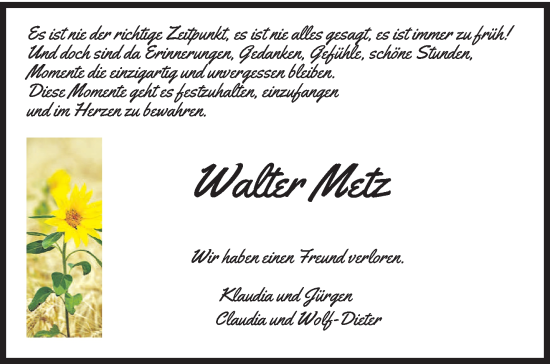 Todesanzeige von Walter Metz von saarbruecker_zeitung