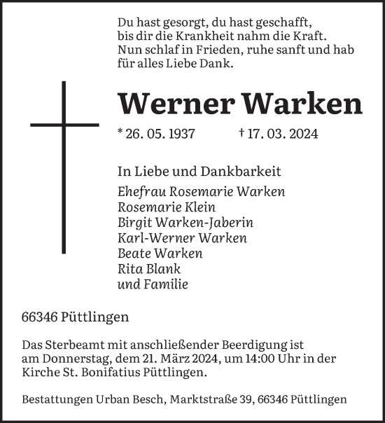 Todesanzeige von Werner Warken von saarbruecker_zeitung