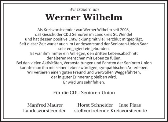 Todesanzeige von Werner Wilhelm von saarbruecker_zeitung
