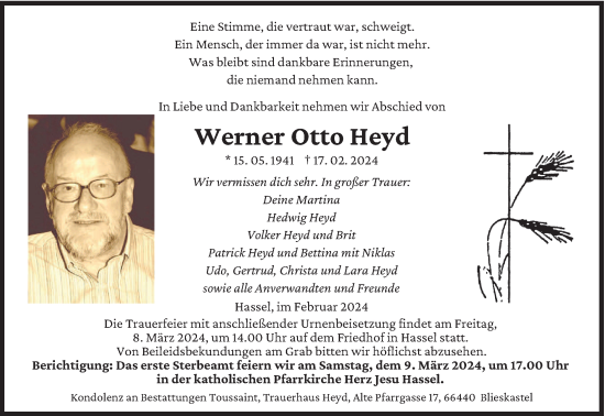 Todesanzeige von Werner Otto Heyd von saarbruecker_zeitung
