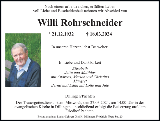Todesanzeige von Willi Rohrschneider von saarbruecker_zeitung