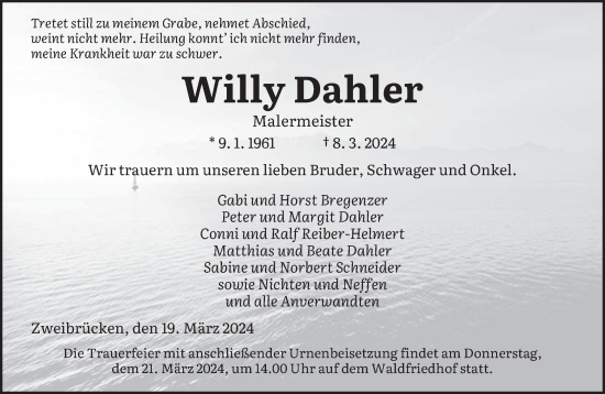 Todesanzeige von Willy Dahler von saarbruecker_zeitung