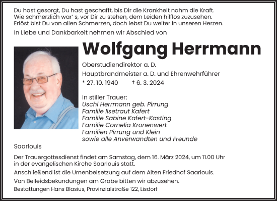 Todesanzeige von Wolfgang Herrmann von saarbruecker_zeitung