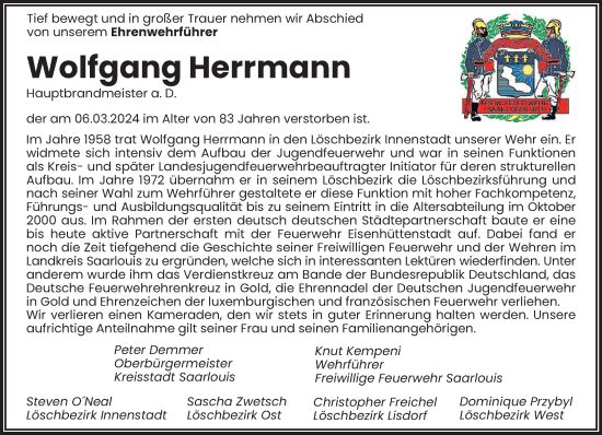 Todesanzeige von Wolfgang Herrmann von saarbruecker_zeitung