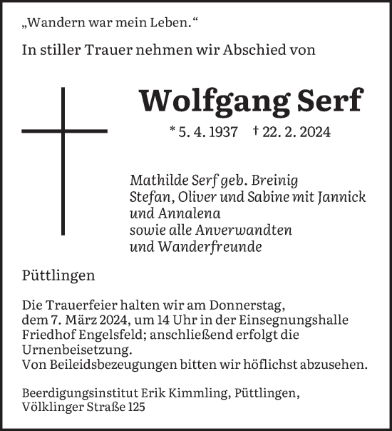 Todesanzeige von Wolfgang Serf von saarbruecker_zeitung