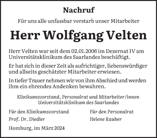 Todesanzeige von Wolfgang Velten von saarbruecker_zeitung