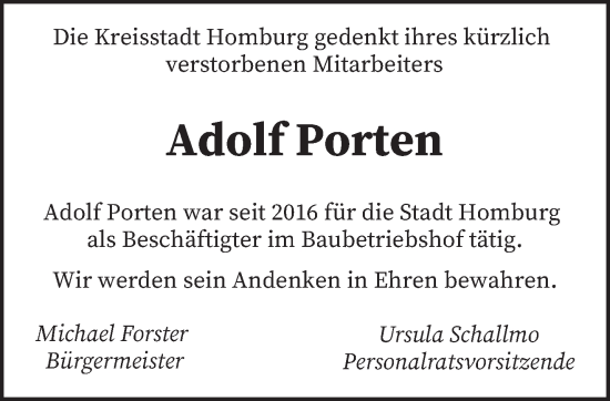 Todesanzeige von Adolf Porten von saarbruecker_zeitung