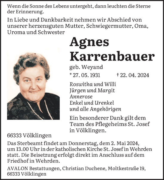 Todesanzeige von Agnes Karrenbauer von saarbruecker_zeitung