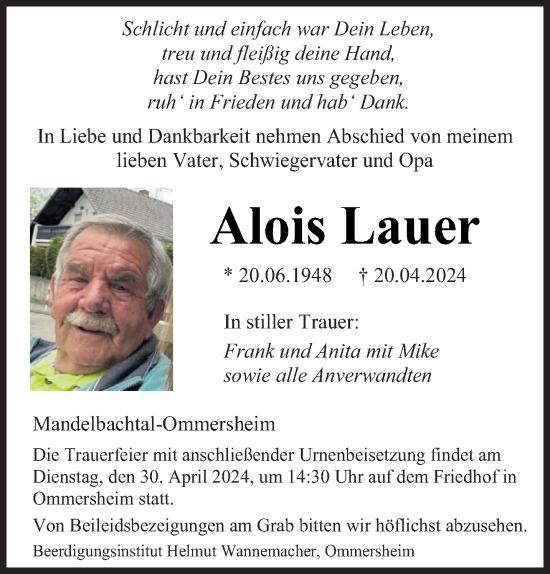 Todesanzeige von Alois Lauer von saarbruecker_zeitung