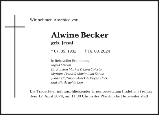 Todesanzeige von Alwine Becker von saarbruecker_zeitung