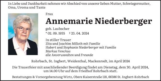 Todesanzeige von Annemarie Niederberger von saarbruecker_zeitung