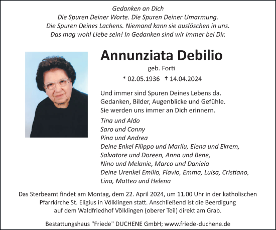 Todesanzeige von Annunziata Debilio von saarbruecker_zeitung