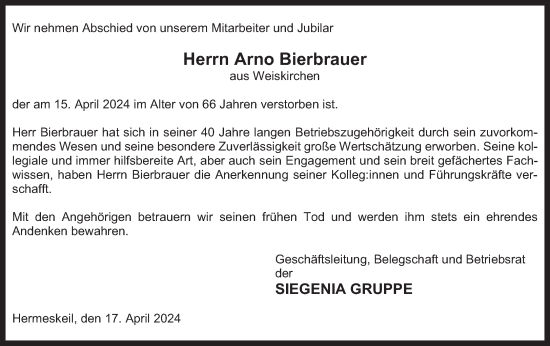 Todesanzeige von Arno Bierbrauer von saarbruecker_zeitung