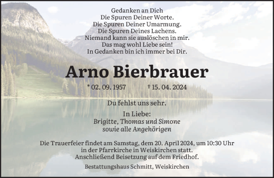 Todesanzeige von Arno Bierbrauer von saarbruecker_zeitung