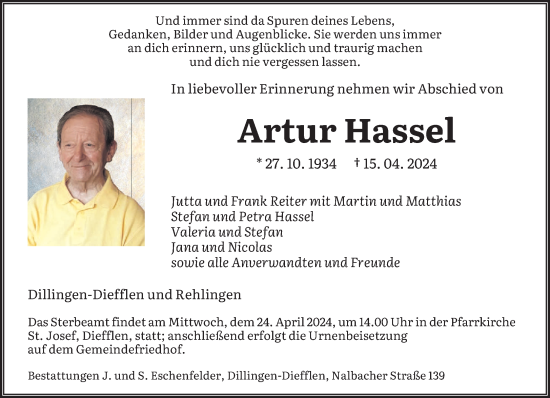 Todesanzeige von Artur Hassel von saarbruecker_zeitung