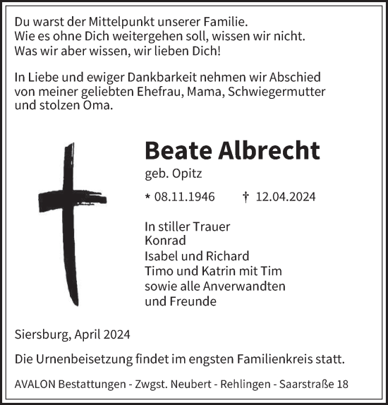Todesanzeige von Beate Albrecht von saarbruecker_zeitung