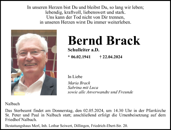 Todesanzeige von Bernd Brack von saarbruecker_zeitung