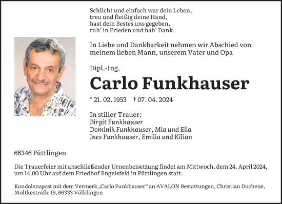 Todesanzeige von Carlo Funkhauser von saarbruecker_zeitung