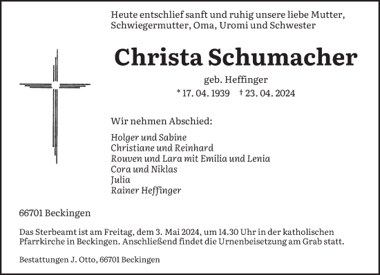Todesanzeige von Christa Schumacher von saarbruecker_zeitung