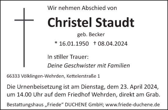 Todesanzeige von Christel Staudt von saarbruecker_zeitung