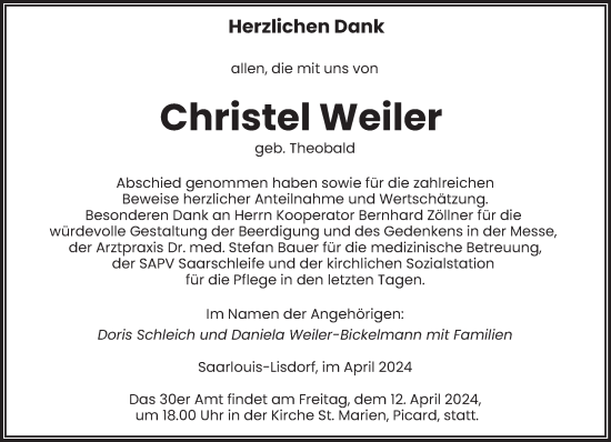 Todesanzeige von Christel Weiler von saarbruecker_zeitung