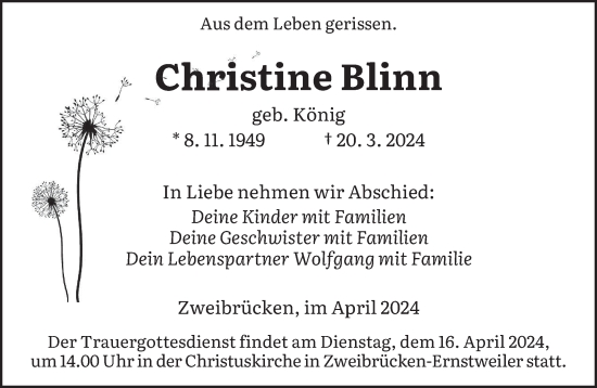 Todesanzeige von Christine Blinn von saarbruecker_zeitung