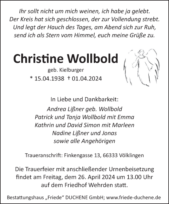 Todesanzeige von Christine Wollbold von saarbruecker_zeitung