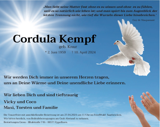 Todesanzeige von Cordula Kempf von saarbruecker_zeitung