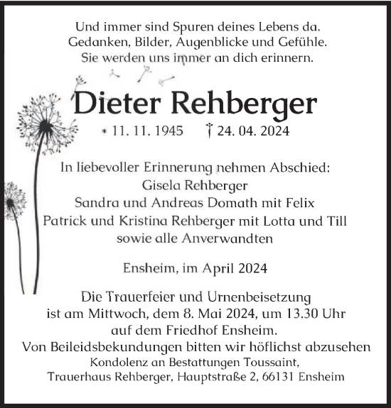 Todesanzeige von Dieter Rehberger von saarbruecker_zeitung