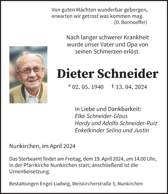 Todesanzeige von Dieter Schneider von saarbruecker_zeitung