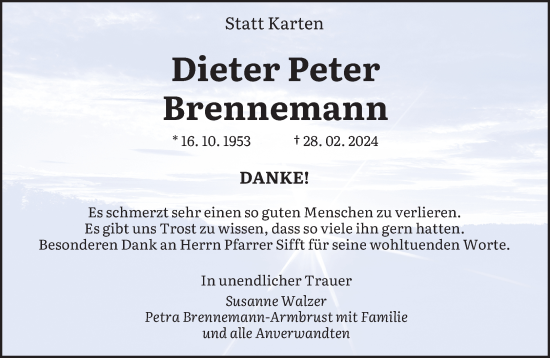 Todesanzeige von Dieter Peter Brennemann von saarbruecker_zeitung