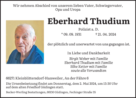 Todesanzeige von Eberhard Thudium von saarbruecker_zeitung