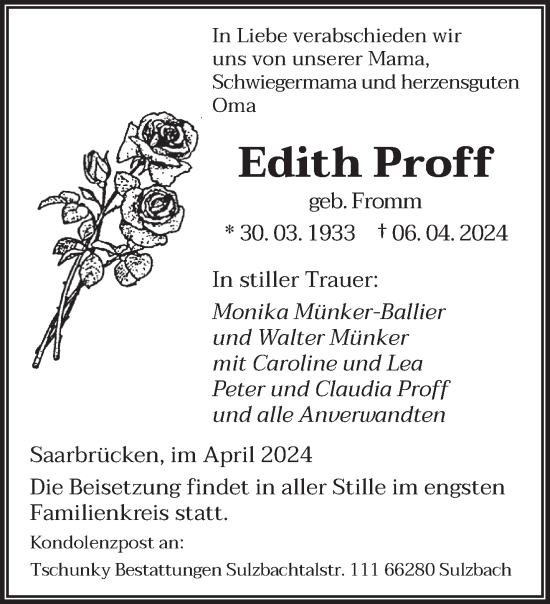 Todesanzeige von Edith Proff von saarbruecker_zeitung