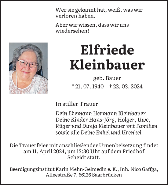Todesanzeige von Elfriede Kleinbauer von saarbruecker_zeitung