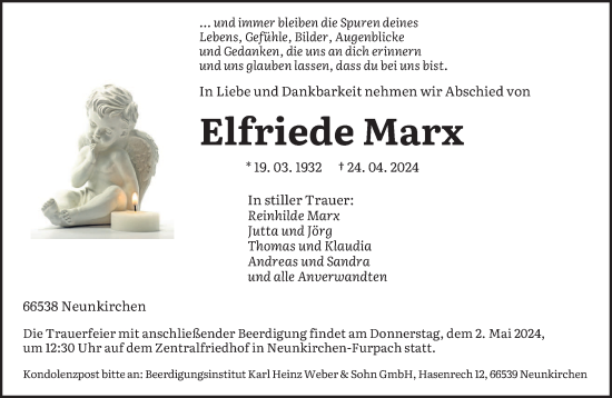Todesanzeige von Elfriede Marx von saarbruecker_zeitung