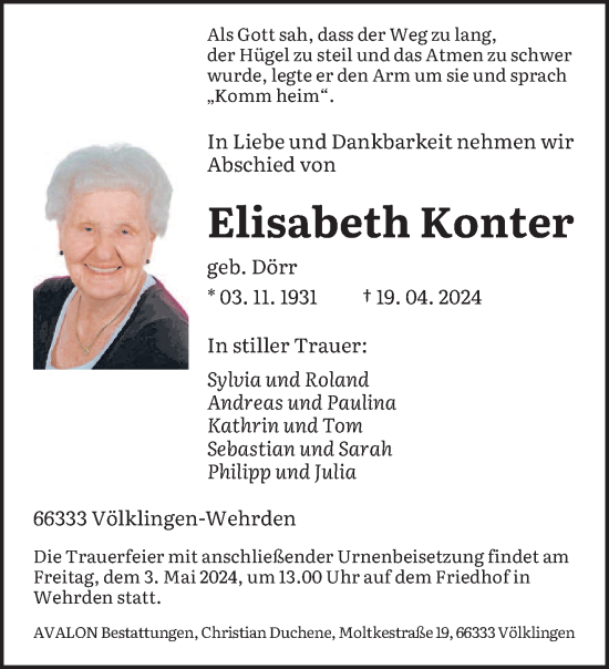 Todesanzeige von Elisabeth Konter von saarbruecker_zeitung