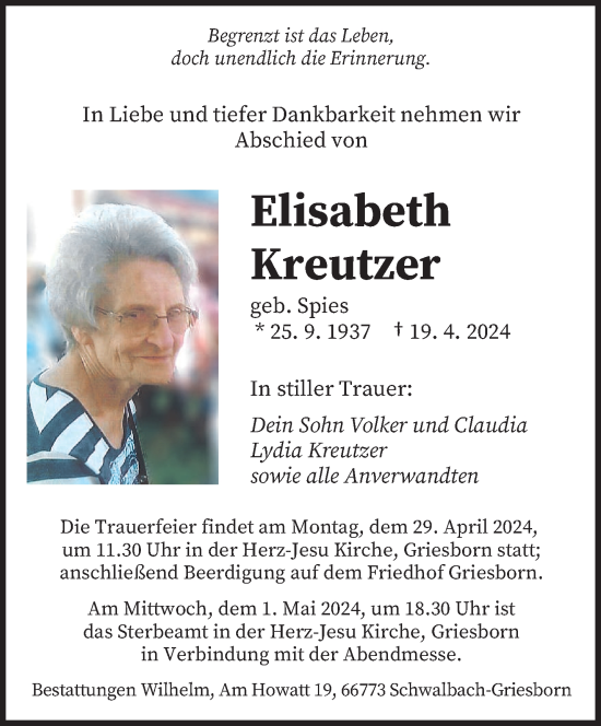 Todesanzeige von Elisabeth Kreutzer von saarbruecker_zeitung