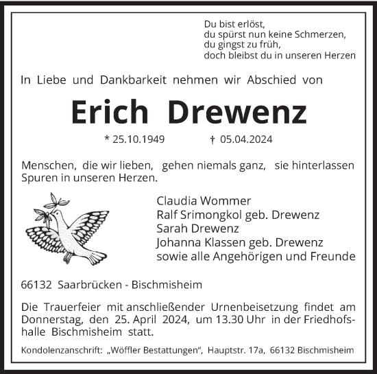 Todesanzeige von Erich  Drewenz von saarbruecker_zeitung