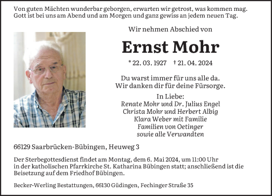 Todesanzeige von Ernst Mohr von saarbruecker_zeitung