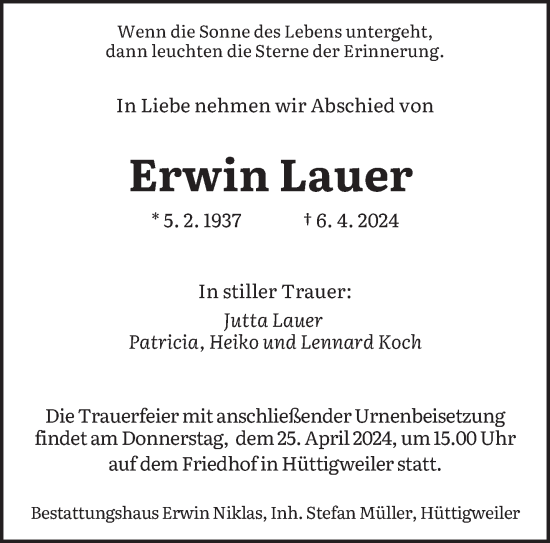 Todesanzeige von Erwin Lauer von saarbruecker_zeitung