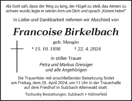 Todesanzeige von Francoise Birkelbach von saarbruecker_zeitung