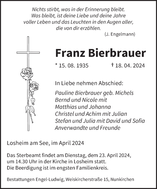 Todesanzeige von Franz Bierbrauer von saarbruecker_zeitung
