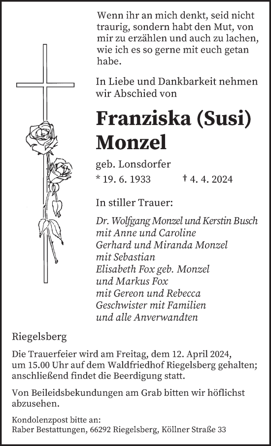 Todesanzeige von Franziska Monzel von saarbruecker_zeitung