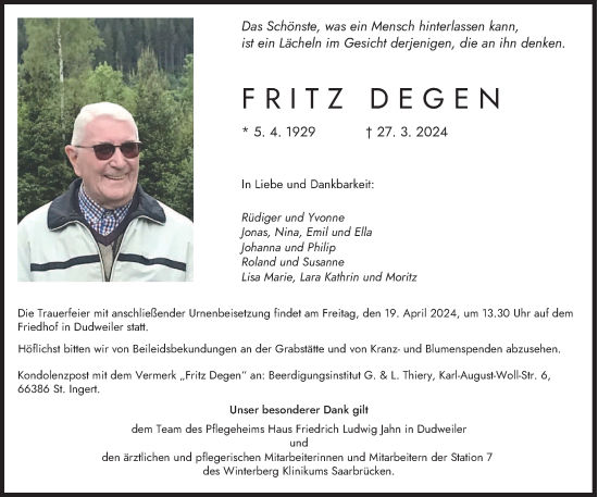 Todesanzeige von Fritz Degen von saarbruecker_zeitung