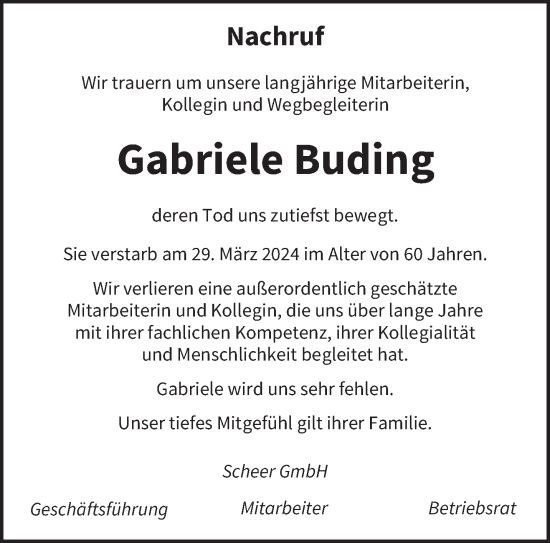 Todesanzeige von Gabriele Buding von saarbruecker_zeitung