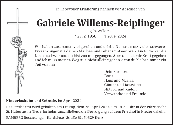 Todesanzeige von Gabriele Willems-Reiplinger von saarbruecker_zeitung