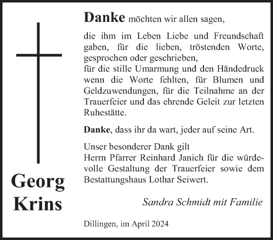 Todesanzeige von Georg Krins von saarbruecker_zeitung